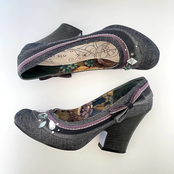 Bobbi Blu | Women's Delicate Blue Denim Pumps Bow Gems Detail Block Heel | sz 8 - Picture 3 of 8